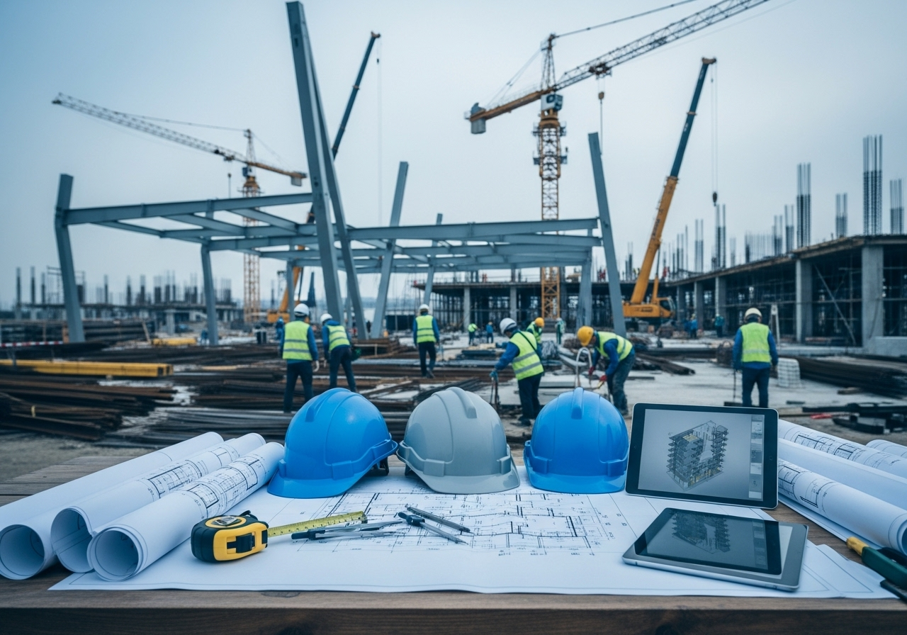 Construction site with blueprints